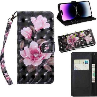 For iPhone 14 Pro 3D Painting Pattern Coloured Drawing Leather Phone Case (Pink Flower)