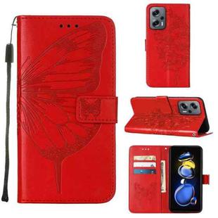 For Xiaomi Redmi Note 11T Pro Embossed Butterfly Leather Phone Case(Red)