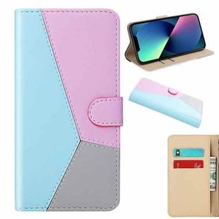 For iPhone 14 Plus Tricolor Stitching Flip Leather Phone Case  (Blue)