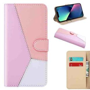 For iPhone 14 Plus Tricolor Stitching Flip Leather Phone Case  (Pink)