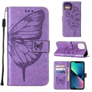 For iPhone 14 Embossed Butterfly Leather Phone Case (Light Purple)