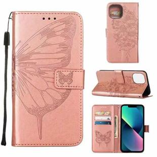 For iPhone 14 Embossed Butterfly Leather Phone Case (Rose Gold)