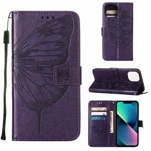 For iPhone 14 Embossed Butterfly Leather Phone Case (Dark Purple)