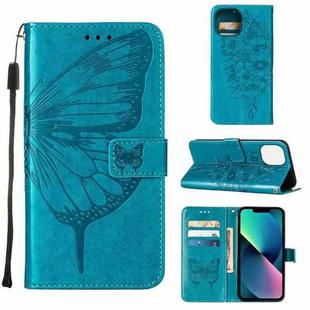 For iPhone 14 Embossed Butterfly Leather Phone Case (Blue)