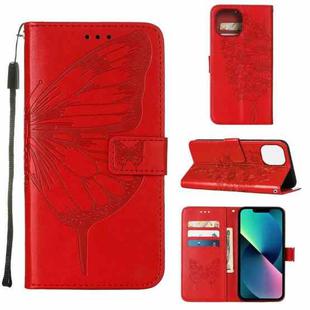 For iPhone 14 Embossed Butterfly Leather Phone Case  (Red)