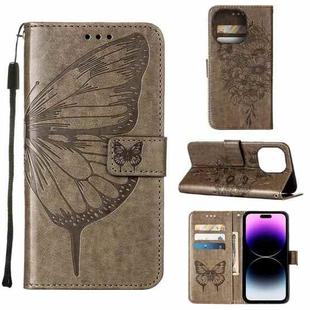 For iPhone 14 Pro Embossed Butterfly Leather Phone Case (Grey)