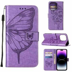 For iPhone 14 Pro Embossed Butterfly Leather Phone Case (Light Purple)