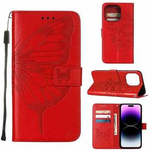 For iPhone 14 Pro Embossed Butterfly Leather Phone Case (Red)