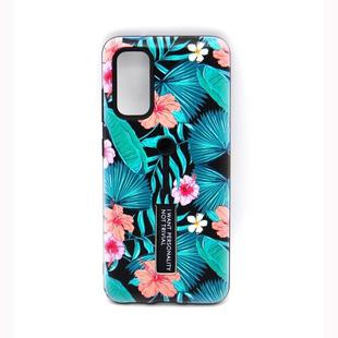 For Galaxy S20+ Embossment Painted Pattern Protective Case with Holder(Green Pink Flower)