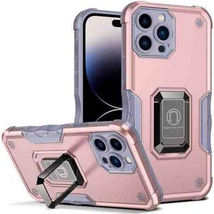 For iPhone 14 Pro Max Ring Holder Non-slip Shockproof Armor Phone Case (Rose Gold)