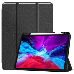 For iPad Pro 12.9 inch 2020 Fabric Denim TPU Smart Tablet Leather Tablet Case with Sleep Function & Tri-Fold Bracket & Pen Slot(Black)