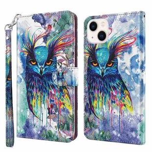 For iPhone 14 Plus 3D Painting Pattern Flip Leather Phone Case  (Watercolor Owl)