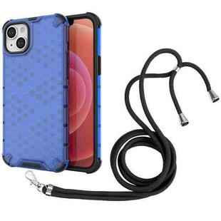 For iPhone 14 Plus Lanyard Honeycomb Phone Case (Blue)
