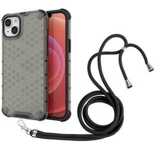 For iPhone 14 Plus Lanyard Honeycomb Phone Case (Black)