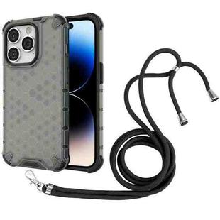 For iPhone 14 Pro Lanyard Honeycomb Phone Case(Black)