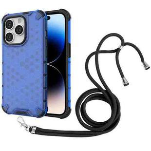 For iPhone 14 Pro Max Lanyard Honeycomb Phone Case (Blue)