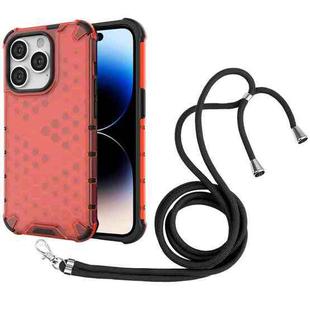 For iPhone 14 Pro Max Lanyard Honeycomb Phone Case (Red)