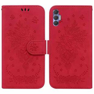 For Tecno Spark 8 Pro Butterfly Rose Embossed Leather Phone Case(Red)