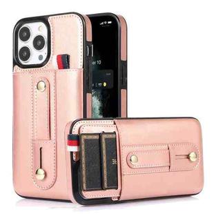 For iPhone 13 Pro Max Wristband Kickstand Wallet Leather Phone Case (Rose Gold)