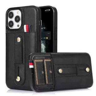 For iPhone 11 Pro Max Wristband Kickstand Wallet Leather Phone Case (Black)