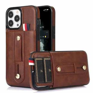 For iPhone 11 Pro Max Wristband Kickstand Wallet Leather Phone Case (Brown)