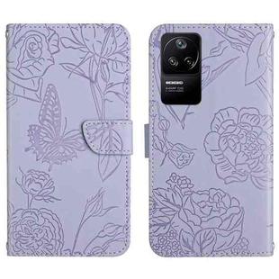 For Xiaomi Poco F4 5G Skin Feel Butterfly Peony Embossed Leather Phone Case(Purple)