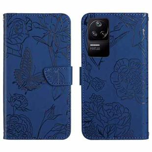 For Xiaomi Poco F4 5G Skin Feel Butterfly Peony Embossed Leather Phone Case(Blue)