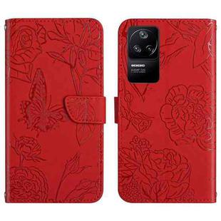 For Xiaomi Poco F4 5G Skin Feel Butterfly Peony Embossed Leather Phone Case(Red)