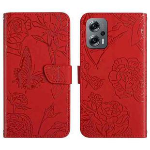 For Xiaomi Poco X4 GT Skin Feel Butterfly Peony Embossed Leather Phone Case(Red)