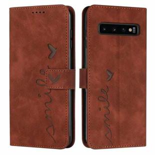 For Samsung Galaxy S10+ Skin Feel Heart Pattern Leather Phone Case(Brown)