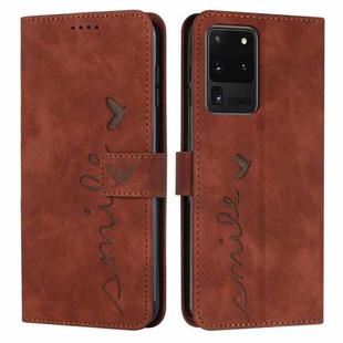For Samsung Galaxy S20 Ultra Skin Feel Heart Pattern Leather Phone Case(Brown)
