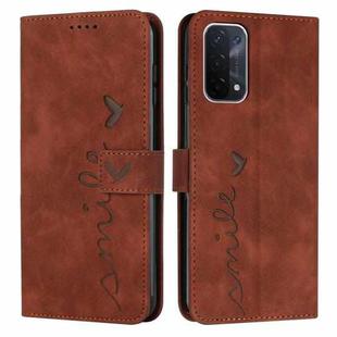 For OPPO A54/A74/A93 Skin Feel Heart Pattern Leather Phone Case(Brown)
