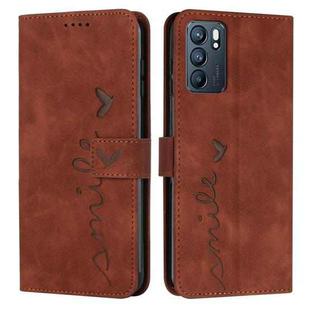 For OPPO Reno6 5G Skin Feel Heart Pattern Leather Phone Case(Brown)