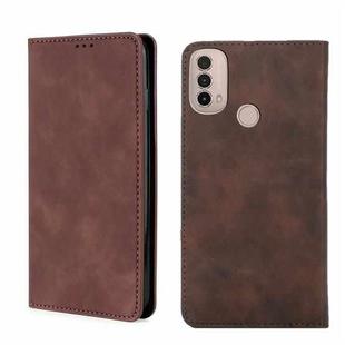 For Motorola Moto E40 Skin Feel Magnetic Horizontal Flip Leather Phone Case(Dark Brown)