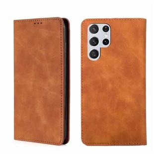 For Samsung Galaxy S22 Ultra 5G Skin Feel Magnetic Horizontal Flip Leather Phone Case(Light Brown)