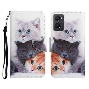 For OPPO A96 4G / Realme 9i Colored Drawing Pattern Flip Leather Phone Case(3 Cats)