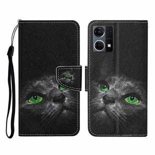 For OPPO Reno7 4G Colored Drawing Pattern Flip Leather Phone Case(Black Cat)
