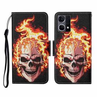 For OPPO Reno7 4G Colored Drawing Pattern Flip Leather Phone Case(Flame Skull)