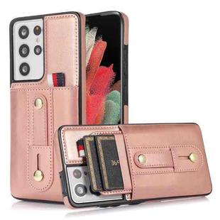 For Samsung Galaxy S21 Ultra 5G Wristband Kickstand Wallet Leather Phone Case(Rose Gold)