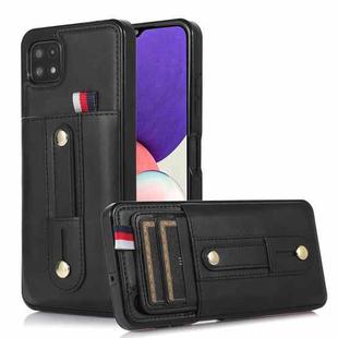 For Samsung Galaxy A22 5G Wristband Kickstand Wallet Leather Phone Case(Black)