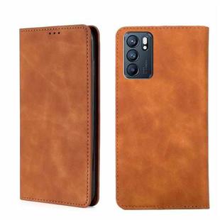 For OPPO Reno6 5G Skin Feel Magnetic Horizontal Flip Leather Phone Case(Light Brown)