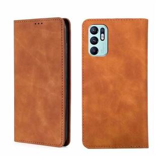 For OPPO Reno6 4G Skin Feel Magnetic Horizontal Flip Leather Phone Case(Light Brown)