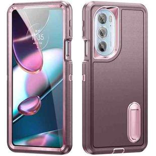 For Motorola Edge 30 Pro 3 in 1 Rugged Holder Phone Case(Purple + Pink)