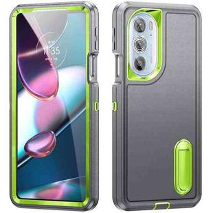 For Motorola Edge 30 Pro 3 in 1 Rugged Holder Phone Case(Grey + Green)