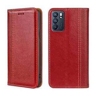 For OPPO Reno6 5G Grid Texture Magnetic Flip Leather Phone Case(Red)