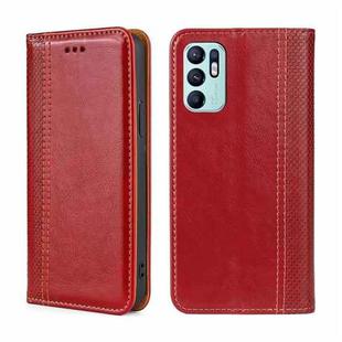 For OPPO Reno6 4G Grid Texture Magnetic Flip Leather Phone Case(Red)