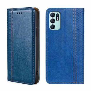 For OPPO Reno6 4G Grid Texture Magnetic Flip Leather Phone Case(Blue)
