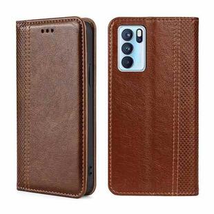 For OPPO Reno6 Pro 5G Grid Texture Magnetic Flip Leather Phone Case(Brown)