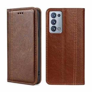 For OPPO Reno6 Pro+ 5G Grid Texture Magnetic Flip Leather Phone Case(Brown)