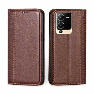 For vivo S15 5G Grid Texture Magnetic Flip Leather Phone Case(Brown)